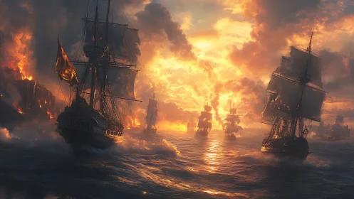 Glowing sea battle unfolds beneath a fiery golden sunset.