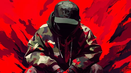 Hooded figure in camouflage against abstract red field.