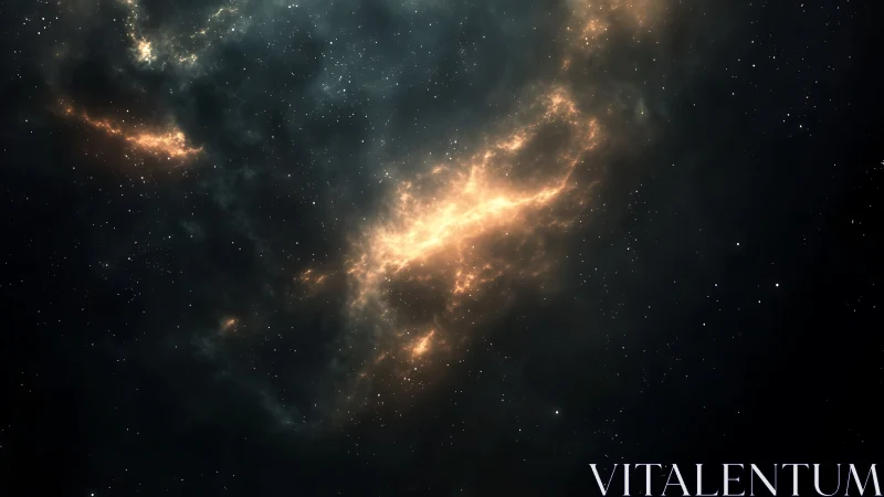 Diffuse glowing nebular structure spans dark interstellar field