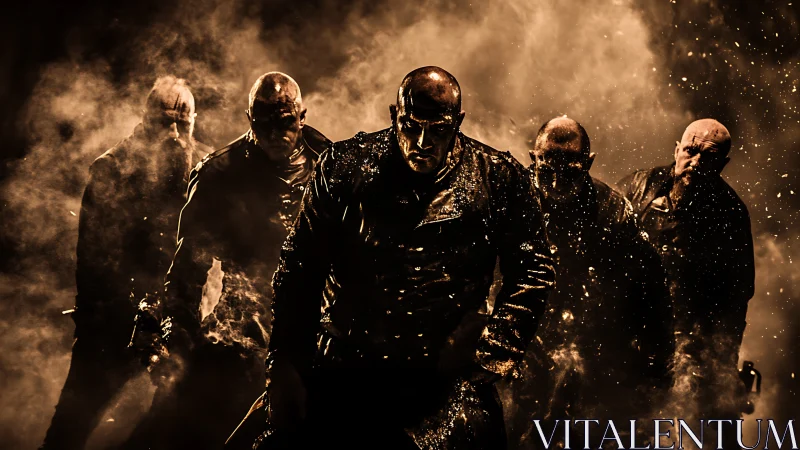 Five armored figures emerge through burning golden smoke.