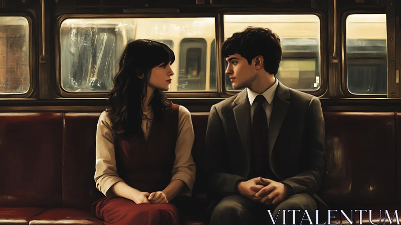 Two figures conversing on vintage locomotive interior.