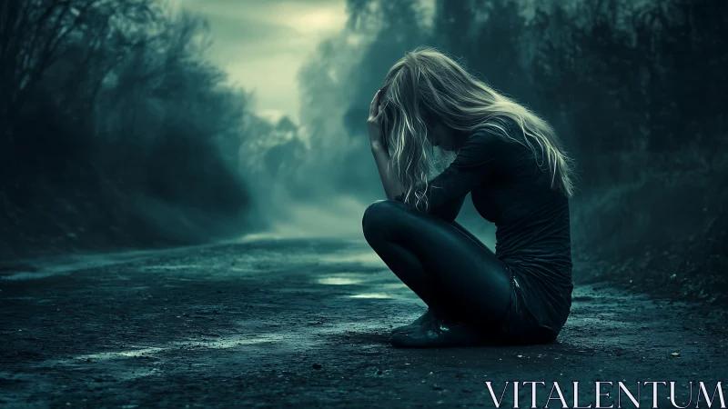 Solitary person seated on empty rural road at dusk.