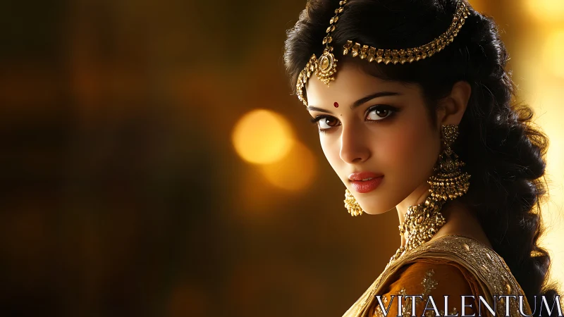 Elegant Indian bride gazes softly amid glowing golden lights