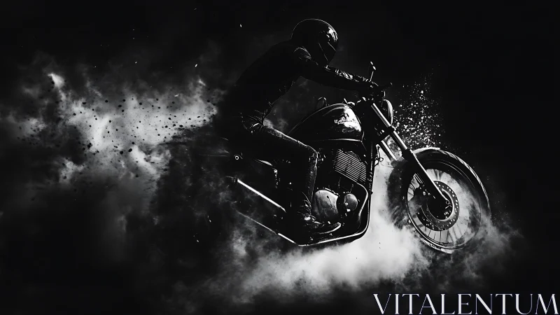 Storm-chasing biker erupts through midnight smoke and sparks.