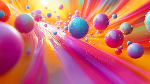 Chromatic spheres drifting through radiant neon currents.