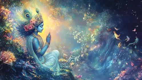 Blue-skinned deity meditates in luminous cosmic forest