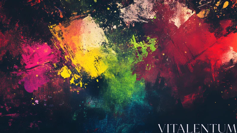 Vibrant abstract paint splashes on dark textured background.