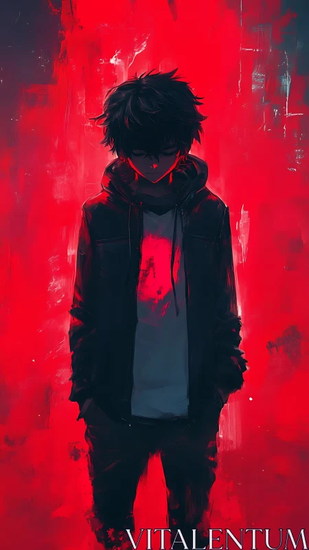 Solitary hooded figure stands in a storm of vivid red light