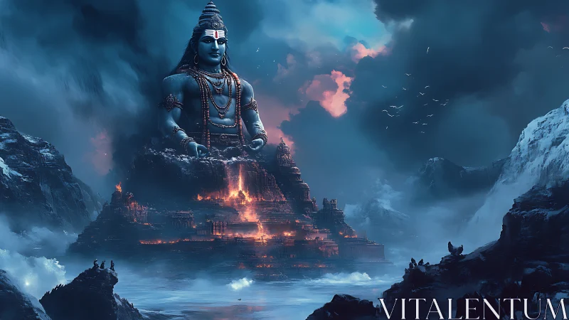 Colossal seated figure integrates with burning stepped fortress