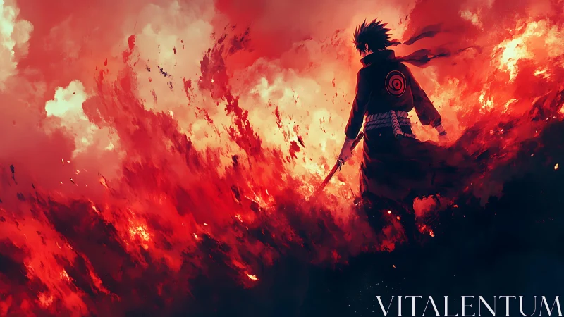 Lone anime swordsman standing in swirling red flames.