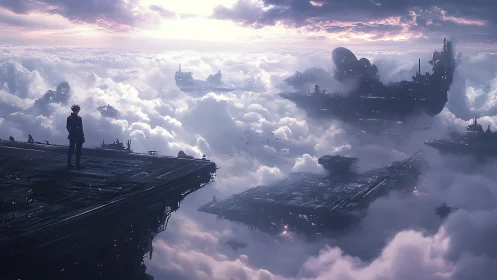 Lone figure surveys colossal sci‑fi sky platforms above clouds.