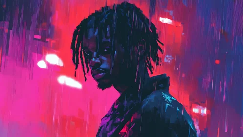 Neon rain portrait of a quiet night wanderer in the city.