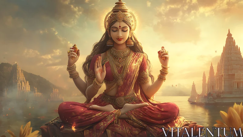 Digital painting of serene four armed goddess in temple sunset.