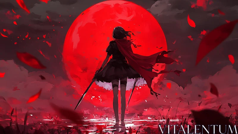 Anime silhouette under crimson supermoon with dynamic cape motion.
