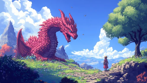 Crimson mountain dragon meets lone wanderer on bright sky path.