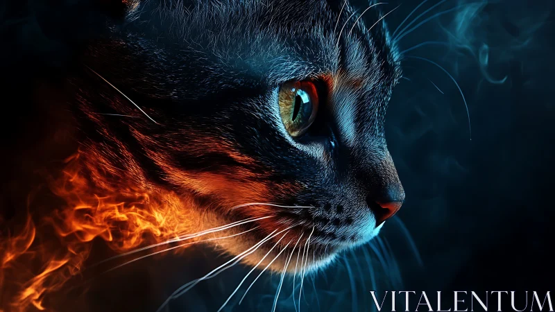 Feline Emerges from Inferno Against Cosmic Darkness.
