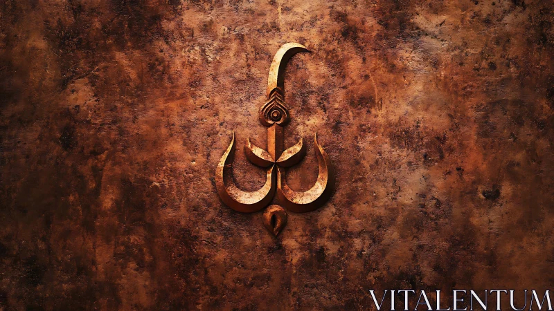 Rustic metallic trident emblem on textured oxidized surface