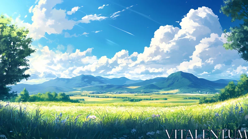 Digital illustration shows open field, distant hills and clouds