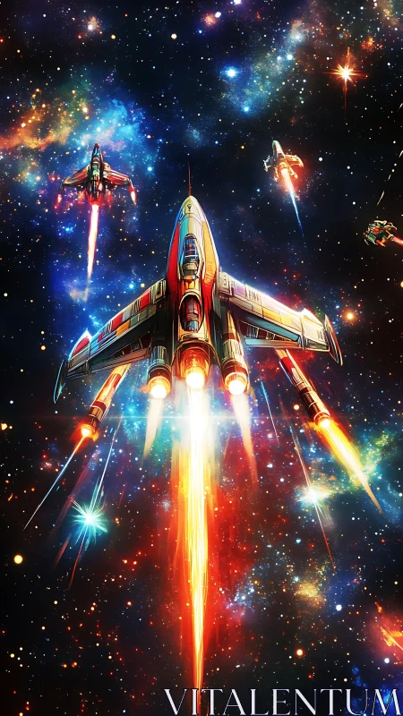 Retro-styled starfighters launch through luminous galaxy.