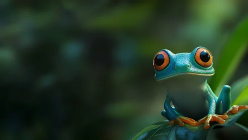 Tree frog with orange eyes on green foliage in soft focus.