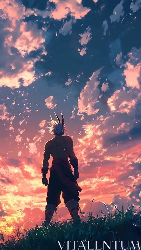 Anime warrior silhouette against cinematic sunset skyscape.