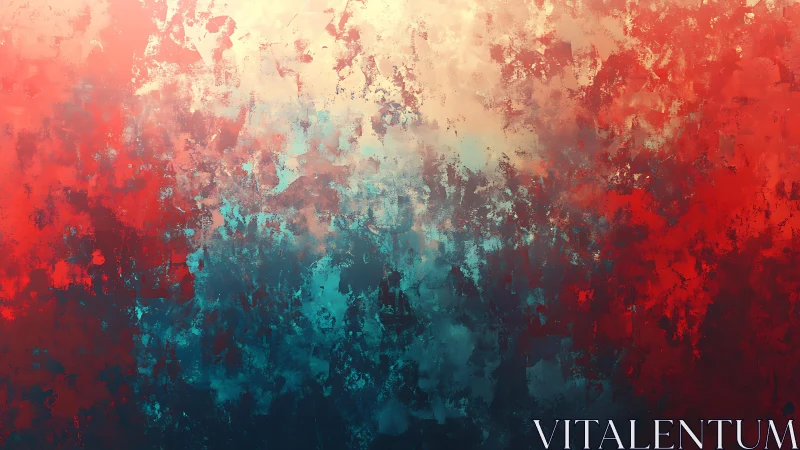 Abstract textured painting with red, blue, and cream gradients.