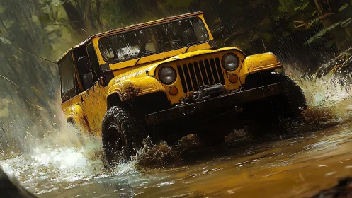 Sunny yellow off-road jeep splashing through wild forest mud.