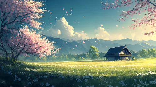 Tranquil farmhouse rests beneath cherry blossoms and peaks