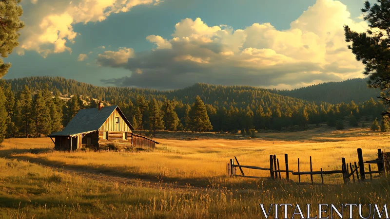 Cabin of golden hush beneath storm-brewing mountain skies.