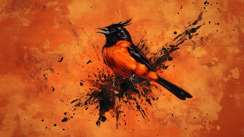 Singing ember bird explodes from bold orange ink-splash sky.