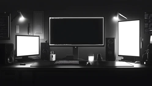 Minimalist monochrome triple-monitor workstation at night.