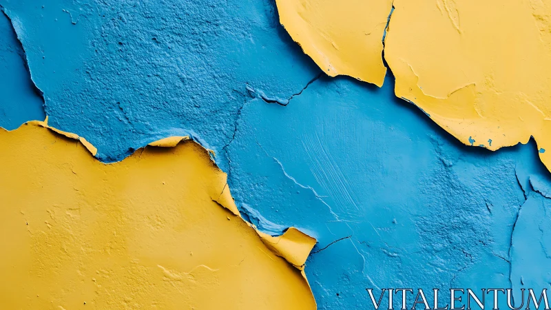 Peeling Blue and Yellow Painted Wall Close-Up Abstract Texture.