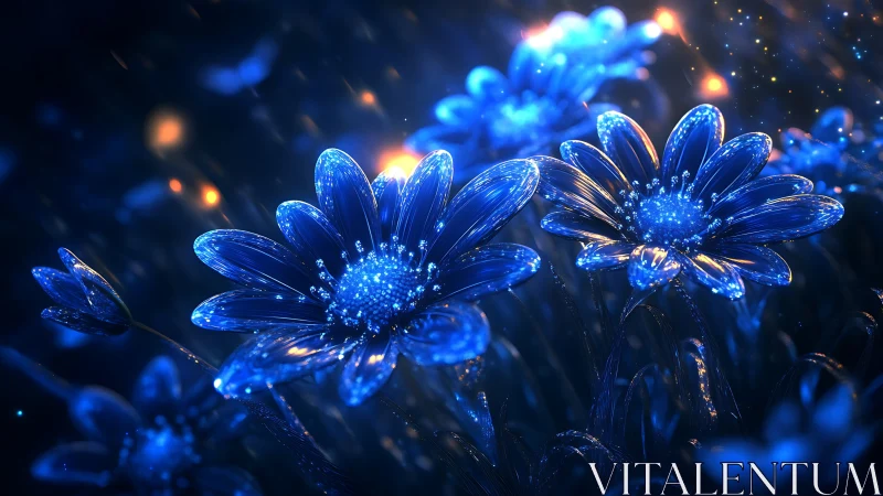 Digital composite of crystalline daisy flowers with bioluminescent properties