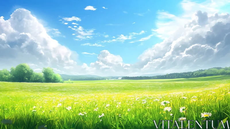 Digital pastoral meadow under expansive cumulus sky panorama.