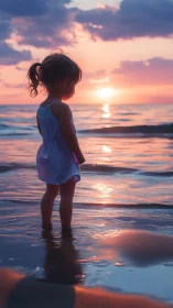 Backlit child silhouette observes a chromatic sunset shoreline