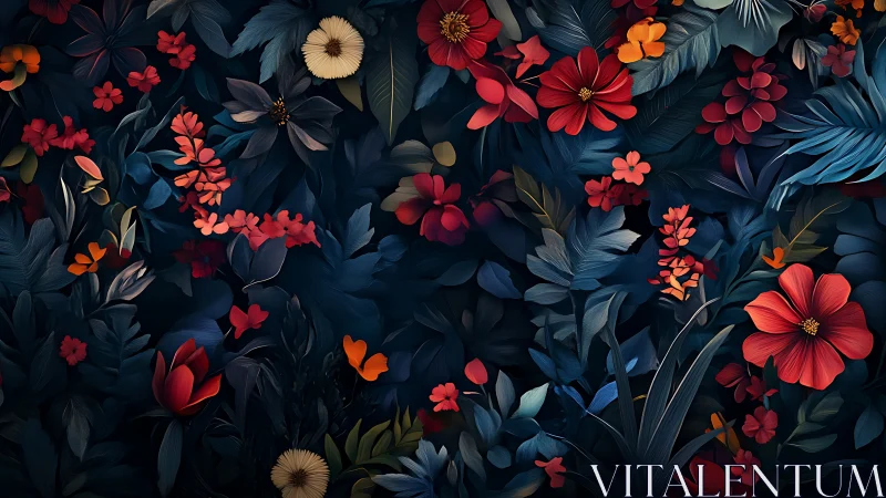 Dark Floral Garden with Red and Orange Blooms