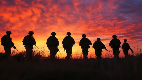 Infantry silhouettes advancing under high-saturation combat dusk.
