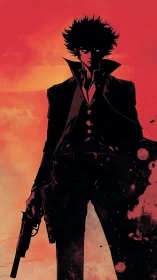 Silhouette gunslinger stares down dusk in burning scarlet haze
