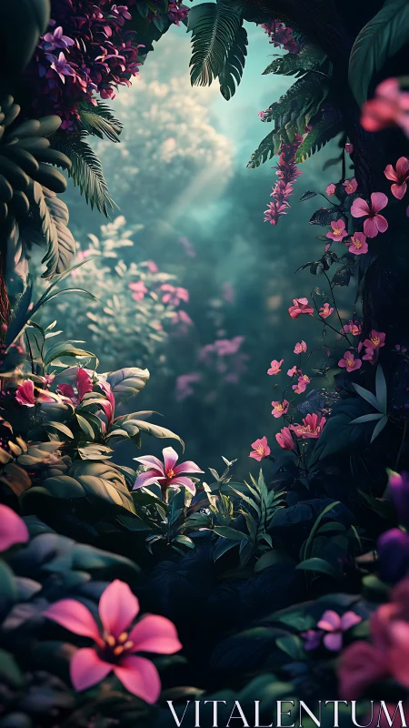 Dense tropical foliage framing diffuse forest opening.