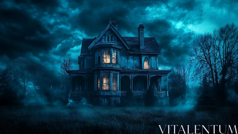 Victorian house at night with interior lights and fog present.