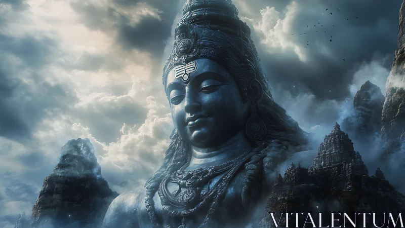 Serene mountain deity rising softly through drifting clouds.