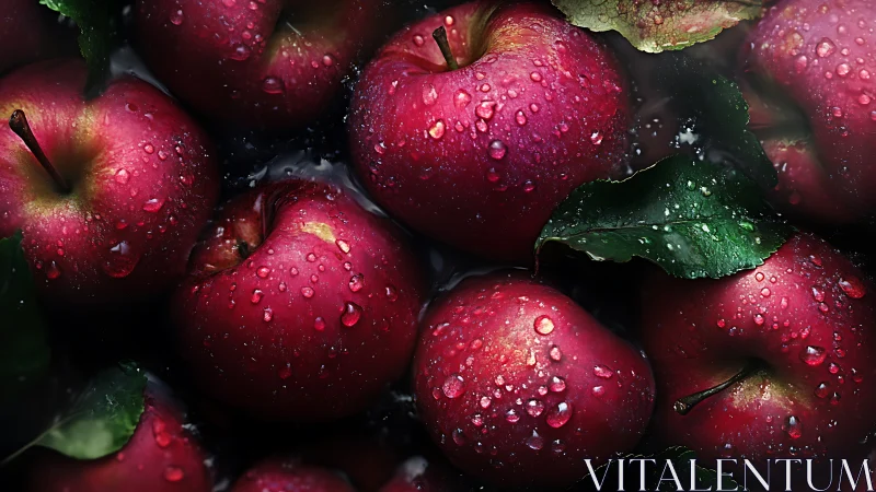 Ruby apples gleam under raindrops in lush dark still life.