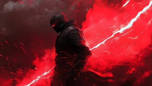 Shadowed warrior wrapped in blazing red storm energy.