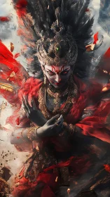 Divine warrior goddess in crimson storm of power.