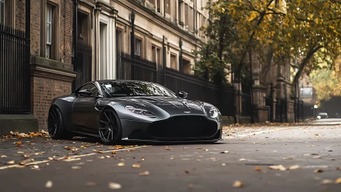Low-slung grey supercar rests on quiet autumn city street
