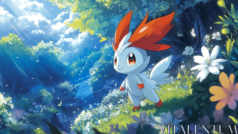 Small white creature stands in illuminated forest clearing