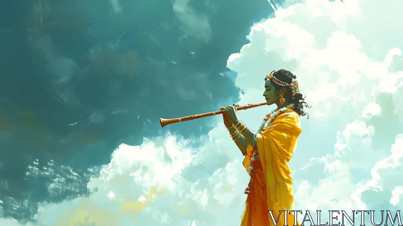 Figure plays flute against expansive clouded sky backdrop