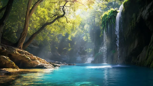 Radiant forest cataract over turquoise plunge basin modeling.