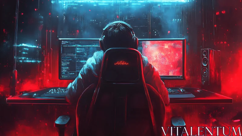 Focused gamer at neon-lit dual screens in a cozy cyber den.