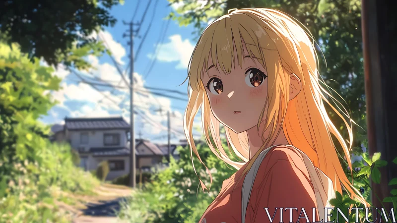 Blonde anime girl on sunlit suburban path, summer foliage